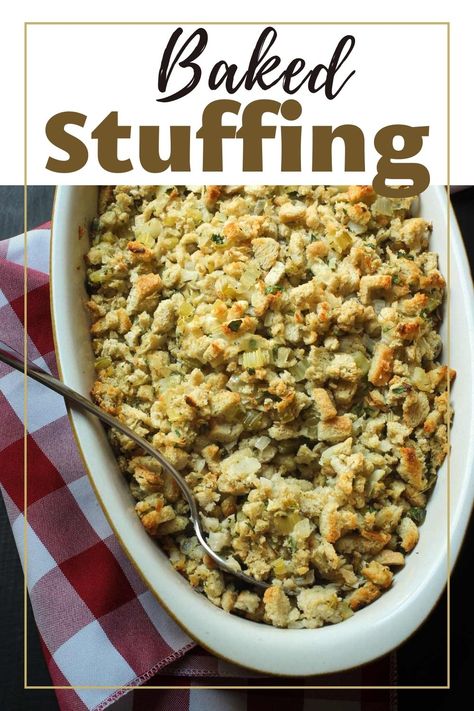 A classic side dish for roast chicken or turkey is a bread stuffing, or dressing. This Baked Stuffing with Onion and Sage is a major crowd-pleaser and super easy to prep. You can freeze it for later so that holiday meal prep is stress-free. Baked Boxed Stuffing, Side Dish For Roast, Baked Stuffing, Thanksgiving Recipes Make Ahead, Holiday Meal Prep, Holiday Menu Ideas, Thanksgiving Lunch, Bread Stuffing, Thanksgiving 2023