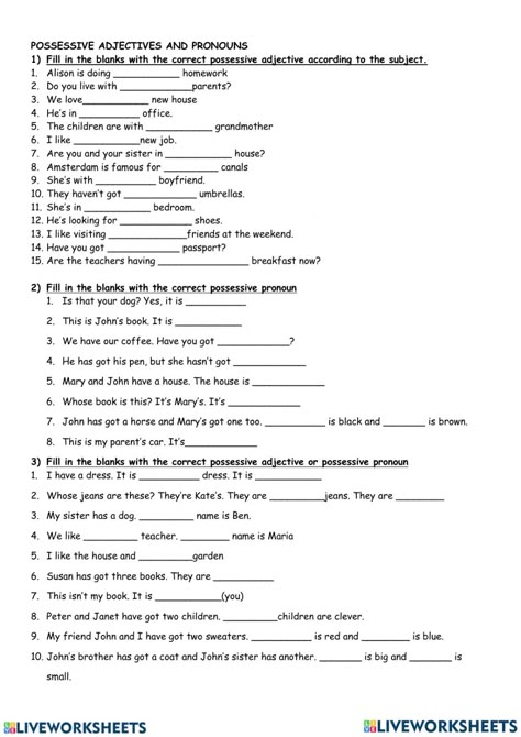 Possessive Adjectives And Pronouns, Pronouns Activity, Adjectives Exercises, Pronouns Exercises, Adjectives Grammar, English Pronouns, Pronoun Activities, Adjectives Activities, English Grammar Exercises