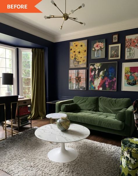 Navy And Green Living Room, Dark Painted Rooms, Blue And Green Living Room, Living Room Color Combination, Library Rooms, Navy Living Rooms, Green Living Room Decor, Room Color Combination, Sofa Design Ideas