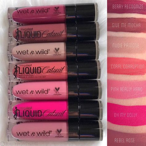 Spotted: NEW Wet n Wild MegaLast Liquid Catsuit Matte Lipsticks | Lip Drama Matte Make Up, Matte Lipsticks, Lipstick Swatches, Makeup To Buy, Makeup Swatches, Smokey Eyes, Lip Glosses, Kiss Makeup, Pretty Colors