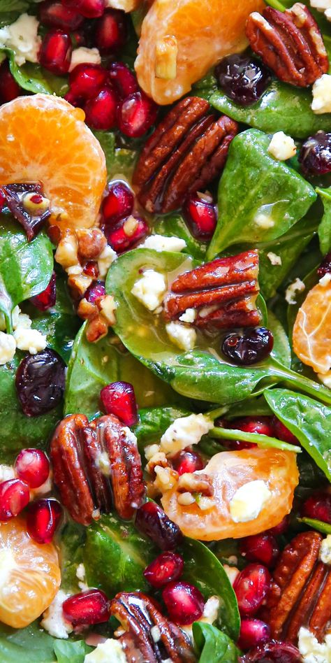 Christmas Salad with Spinach, Mandarin Oranges, Pecans, Cranberries, Pomegranate, Goat Cheese, and homemade Honey-Mustard-Lime Dressing - close-up photo. Christmas Salad Recipes, Winter Salad Recipes, Christmas Salad, Homemade Honey Mustard, Holiday Salads, Christmas Salads, Spinach Salad Recipes, Lime Vinaigrette, Fresh Salad Recipes