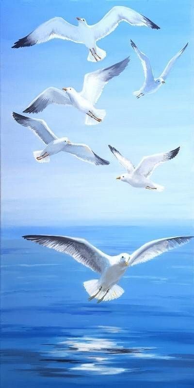 Seagulls Flying, Sea Gulls, Coastal Birds, Beach Art Painting, Landscape Art Painting, Sea Painting, Bird Pictures, Bird Drawings, Beach Painting