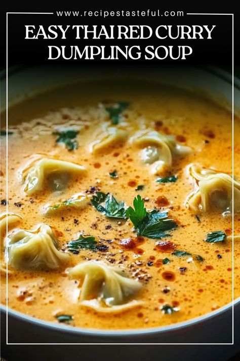 This Easy Thai Red Curry Dumpling Soup is a warm, aromatic dish packed with Thai flavors. The combination of creamy coconut milk, spicy curry paste, and tender dumplings makes for a comforting and satisfying meal that’s perfect for chilly evenings or when you need a flavorful pick-me-up. Easy Thai Red Curry, Korean Soup Recipes, Dumpling Soup Recipe, Thai Soup Recipes, Thai Curry Soup, Curry Soup Recipes, Red Curry Recipe, Asian Soup Recipes, Easy Dumplings