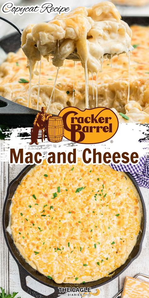 Two images the top image shows a spoon taking some cracker barrel mac and cheese and it being all gooey. The second image shows a pan full of mac and cheese from overhead. Cracker Barrel Mac And Cheese Recipe, Cracker Barrel Mac And Cheese, Thanksgiving Mac And Cheese, Cracker Barrel Copycat Recipes, Mac And Cheese Recipe Soul Food, Copycat Cracker Barrel, Cracker Barrel Recipes, Best Mac N Cheese Recipe, Macaroni Cheese Recipes