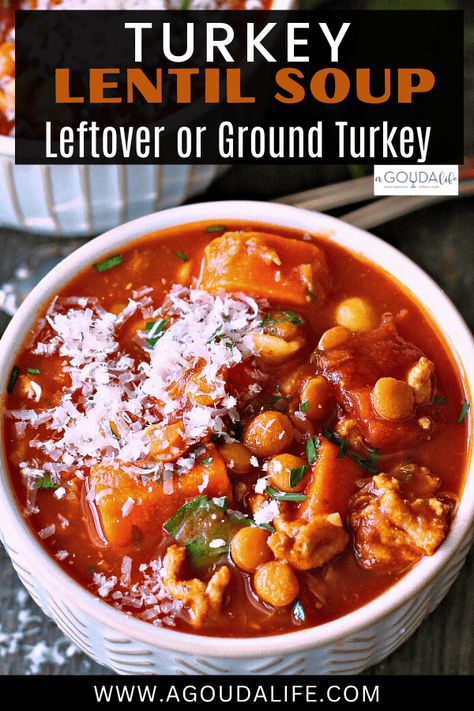 Turkey Lentil Soup - leftover or ground turkey - delicious, hearty protein-packed soup loaded with vegetables and lentils in a rich tomato broth. #turkeylentilsoup #turkeysoup #leftoverturkeyrecipe #lettoverturkeysoup #groundturkeysoup #groundturkeyrecipe #bestturkeysoup #healthyturkeysoup #bestturkeyleftover #agoudalife Lentil And Ground Turkey Recipes, Turkey And Lentil Soup, Best Turkey Soup, Turkey Lentil Soup, Turkey Lentil, Ground Turkey Soup, Lentil Vegetable Soup, Leftovers Soup, Tomato Broth