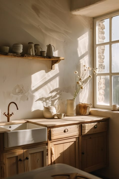 Rustic French Farmhouse Kitchen, Raw Materials Interior, Kitchen Ideas Cottage Style, Italian Countryside Decor, Kitchen Picture Ideas, Tuscan Farmhouse Kitchen, Italian Kitchen Aesthetic, French Style Kitchen Ideas, Provencal Kitchen