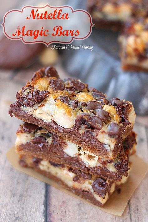 Nutella Magic Bars Nutella Bars, Peanut Butter Oatmeal Bars, Magic Bars, Desserts Vegan, Peanut Butter Oatmeal, Nutella Recipes, Yummy Sweets, Eat Dessert, Decadent Desserts