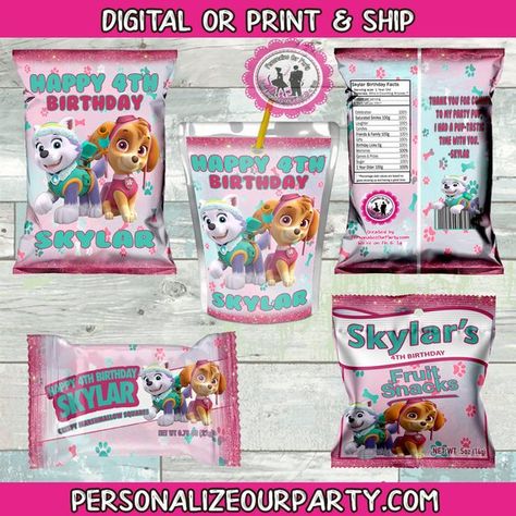 Skye Paw Patrol Party, Sky Paw Patrol, Paw Patrol Theme, Juice Pouch, Paw Patrol Girl, Skye Paw, Girls Party Favors, Happy 4th Birthday, Fruit Snack