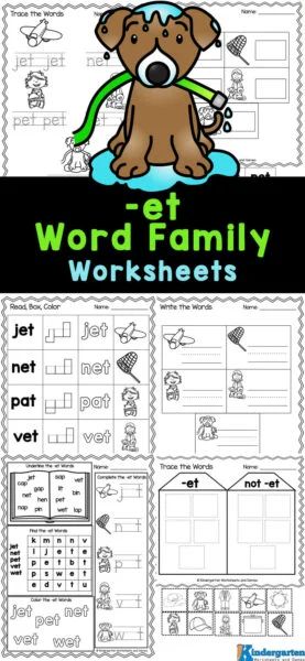 These free -et word family worksheets are a great way for children to practice and improve reading, vocabulary and writing skills. These word families worksheets will also allow pre-k, kindergaten, and first graders to work on their letter and word recognition which is an important part of learning to read. Use these free printable et family worksheets to learn and review cvc words. Word Families Worksheets, Word Families Free, Word Family Sort, Word Families Printables, Free Family Printables, Kindergarten Word Families, Cvc Words Worksheets, Free Worksheets For Kids, Word Family Activities