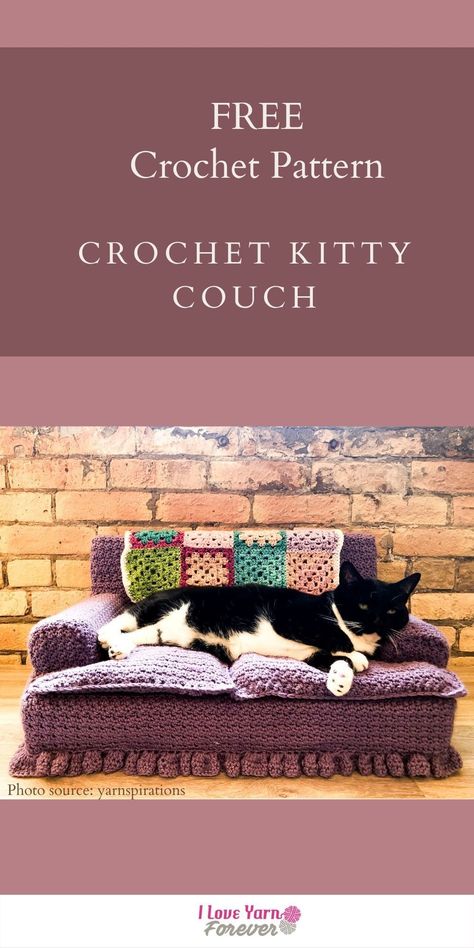 Get your Free Crochet Kitty Couch Pattern Here. 100+ Free Crochet and Knitting Patterns for Beginner to Expert. Crochet Cat Couch, Kitty Couch, Crochet For Cats, Crochet For Pets, Crochet Pets, Crochet Cat Bed, Cat Couch, Crochet Pet, Knitting Stitches Tutorial