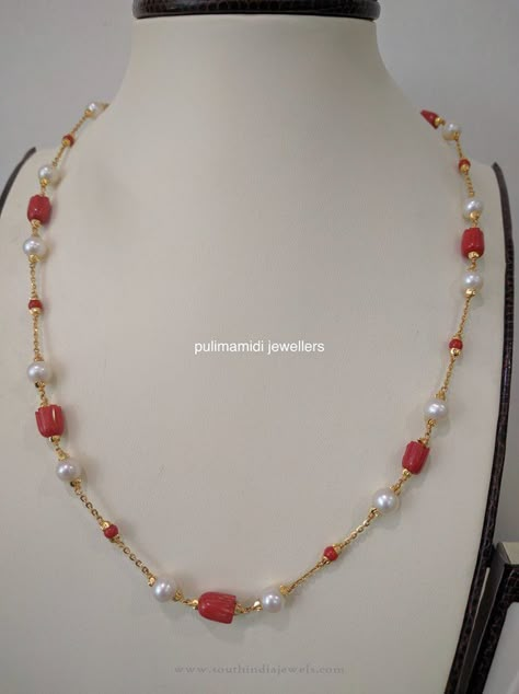 Indian Gold Coral Chains, 22K Gold Chains with Coral and Pearls. Pearls Chains Gold, Coral And Pearl Jewellery, Pearl And Coral Gold Chain, Coral And Pearl Necklace, Corals And Pearls Jewellery, Coral Necklace Indian Gold, Beeds Chain Designs, Coral Jewelry Indian Gold, Pearl Chain Designs