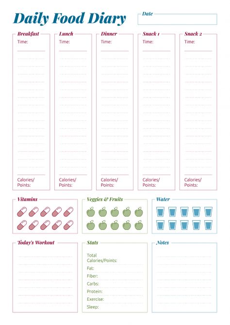 Download Printable Complex daily food diary PDF Daily Food Diary Printable Free, Daily Food Journal Printable Free, Food Tracker Printable Free, Food Diary Bullet Journal, Daily Food Log Printable Free, Food Journal Printable Free, Food Log Template, Food Diary Ideas, Food Journal Ideas