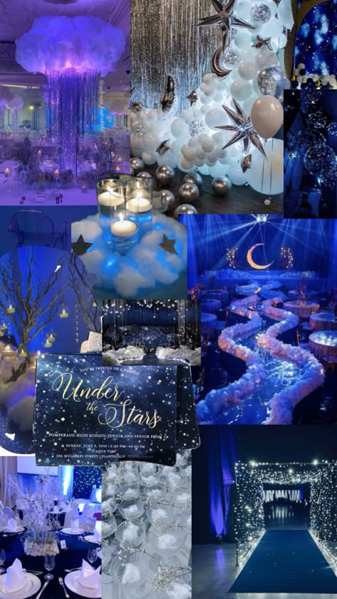 Prom Themes Starry Night, Under The Stars Quinceanera Theme, Prom Activities, Navy Blue Quince, 18th Birthday Invites, School Dance Themes, Starry Night Prom, School Dance Ideas, Celestial Wedding Theme