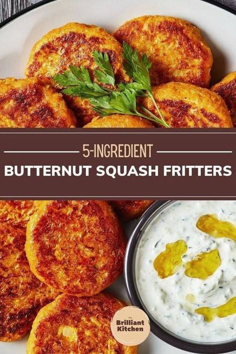 These butternut squash fritters taste amazing, and as always with me, are easy and quick to make in a toaster oven. I love these fritters for breakfast with some sour cream. They are also a great way to sneak veggies onto the plates of your picky eaters – and make sure to prepare a big stack of them, because it’s impossible to eat just one. Find out this recipe at www.thebrilliantkitchen.com | vegetarian recipes Butternut Squash Fritters, No Egg Breakfast, Butternut Squash Breakfast, Butternut Squash Pancakes, Squash Pancakes, Cauliflower Sweet Potato, Breakfast With Eggs, Squash Fritters, Baked Butternut Squash