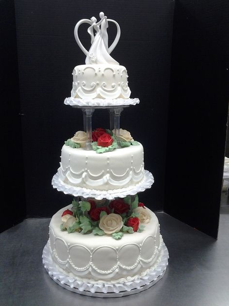 3 tier wedding cakes with pillars | tier wedding cake by Roly's Bakery. Vintage Wedding Cake With Pillars, Wedding Cake With Columns, Wedding Cake Old Fashioned, Old Fashioned Wedding Cake, Old School Wedding Cakes, Pillar Wedding Cake, Victorian Wedding Cakes, Vintage Wedding Cakes, Cake Pillars