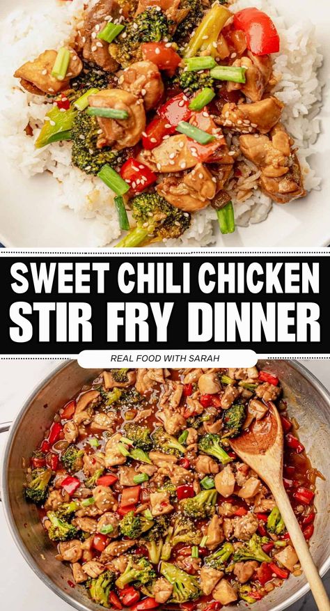 Have this healthier Sweet Chili Chicken Stir Fry on the dinner table in 35 minutes. Juicy chicken bites and crisp veggies tossed in a thick homemade sweet chili sauce. Enjoy this sweet and spicy favorite over rice or noodles. Thai Chili Stir Fry, Sweet Chili Stir Fry Chicken, Sweet Chilli Chicken Stir Fry, Sweet Thai Chili Chicken Stir Fry, Chili Garlic Chicken Fried Rice, Sweet Chili Chicken Bowl, Firecracker Chicken Stir Fry, Thai Sweet Chili Sauce Recipe Chicken, Sweet Chili Stir Fry