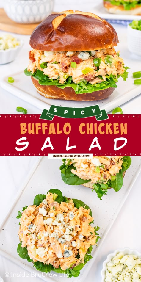 This easy Buffalo Chicken Salad is the perfect way to spice up your next sandwich. With just a few ingredients, this buffalo salad can be ready in no time. Great for dinner or game day parties! Spicy Chicken Salad Sandwich Recipe, Spicy Chicken Salad Sandwich, Cold Buffalo Chicken Salad, Chicken Salad Buffalo Style, Buffalo Chicken Salad Sandwich, Buffalo Chicken Salad Healthy, Spicy Chicken Salad Recipe, Buffalo Salad, Buffalo Chicken Salad Recipe