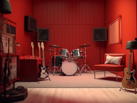 Premium Photo | Music Studio Recording Room In Red Wall AI Generated Music Studio Interior, Studio Recording Room, Kids Music Room, Bedroom Music Studio, Recording Room, Project Room, Rehearsal Studios, Red Studio, Recording Studio Design