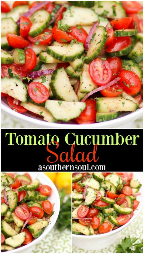 Tomato Cucumber Salad is a refreshing dish that packs a punch of fresh flavor. It’s simple to make with a bright dressing full of herbs. This is one delightful salad that’s like a burst of summer on your plate! #salad #tomatocucumbersalad #tomatosalad #cucumbers #tomatoes #freshfood #freshvegetables #easyrecipe #sidedish #potluck #covereddish Restaurant Foods, Tomato Cucumber Salad, Wallpaper Food, Cucumbers And Onions, Cucumber Tomato Salad, Tomato Cucumber, Cucumber Recipes Salad, Cucumber Recipes, Cucumber Tomato