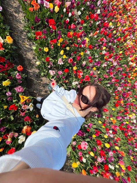 0.5 lense picture of girl in a field of tulips Amsterdam Tulip Fields Aesthetic, Photos In Tulip Field, The Netherlands Tulips, Amsterdam Tulips Aesthetic, Netherlands Picture Ideas, Flower Field Instagram Pictures, Tulip Field Photos, Netherlands Photo Ideas, Keukenhof Photoshoot