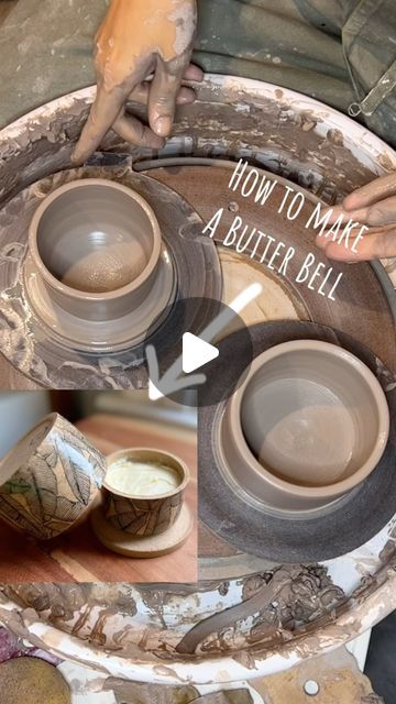 Hannah Mir, Ceramic Artist/ Teacher on Instagram: "Which 🧈 team are you on…. Butter in the fridge or butter outside?  A butter bell, is also known as a butter crock or butter keeper and keeps butter fresh on the counter for up to 30 days. The butter goes in the “bell,” which you place in the water-filled crock. This keeps butter smooth and spreadable for whenever you need it.  Put the bell into the crock and the water level will rise around the bell, sealing it off and keeping it cool. Change the water every 2 to 4 days to keep things fresh. Store on the counter or in the pantry, away from direct heat or sunlight, to prevent the butter from melting. . . . . . . . #buttercrock  #frenchbuttercrock #handmade #wheelthrown  #handmadepottery #pottersofinstagram #handmadeceramics #butterbell #bu Butter Bell Ceramic, Butter Crock Pottery, Pottery Butter Bell, Ceramic Butter Bell, Butter Bell Pottery, Ceramic Oxides, Cool Ceramics, How To Make Ceramic, Pottery Creations