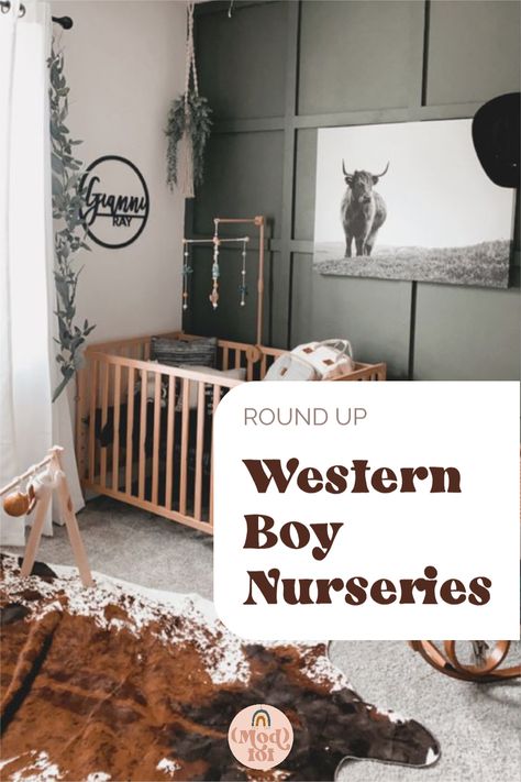 Howdy y'all! This cowboy nursery trend is PERFECT and I am here for it! This latest round-up blog post covers everything you need to find inspiration to design your own western nursery! :cowboy::baby_tone1::baby_bottle::two_hearts::heart_eyes: Bull Themed Nursery, Classic Western Nursery, Highland Cattle Nursery, Subtle Cowboy Nursery, Baby Boy Crib Ideas, Grey Crib Nursery Ideas, Ranch Style Nursery, Boho Cowboy Nursery, Ranch Theme Nursery