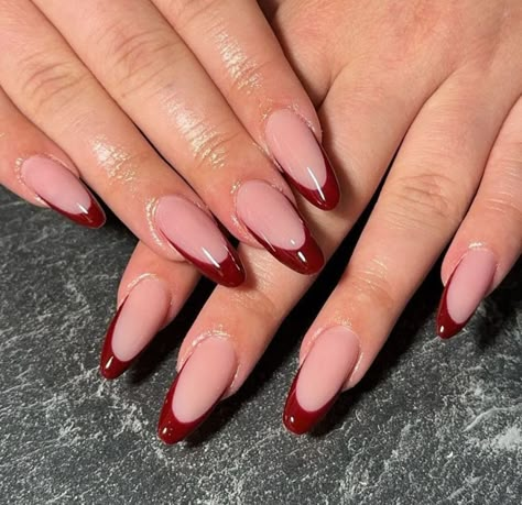 Almond Nails With Red Tips, Cherry Red Nails Design, Nail Red French, Cherry Cola Nails, Nails Ideas Red, Red Tip Nails, Cherry Red Nails, Neutral Nails Acrylic, Beige Nails Design