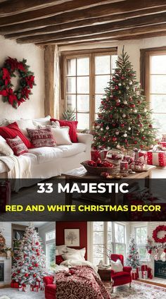 Red And White Christmas Room Decor, Nantucket Christmas Decor, Red And White Christmas Living Room, Neutral And Red Christmas Decor, Red And White Christmas Theme, Red And White Christmas Decor Ideas, Red White Green Christmas Decor, Red And White Christmas Aesthetic, Christmas Decor With Red