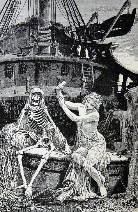 Art by Lancelot Speed for The Rime of the Ancient Mariner in Andrew Lang's "The Blue Poetry Book." London: Longmans, Green, 1891  “The Blue Poetry Book” was Andrew Lang's first and only “colored” book of poetry.  It collects nearly 150 poems by masters such as Blake, Wordsworth, Scott, Longfellow, Burns, Byron, Shakespeare, Poe, Marlowe, Coleridge, Milton, Macaulay, among others.  The poems are accompanied by 100 black and white illustrations by Henry J. Ford and Lancelot Speed.  And.. Blue Poetry, Rime Of The Ancient Mariner, The Ancient Mariner, Andrew Lang, Ancient Mariner, The Grim Reaper, Gustave Dore, Cross Hatching, Skeleton Art