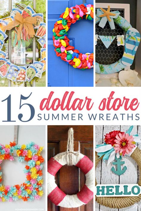 Fun Dollar Store Summer Wreaths – These beautiful DIY wreaths were all made from inexpensive craft supplies that you can find at your local dollar store! Creative dollar store summer decor ideas. #TheCrazyCraftLady #dollarstorecrafts #summercrafts #wreaths Diy Summer Wreath, Diy Summer Decor, Diy Summer Crafts, Inexpensive Crafts, Door Wreaths Diy, Summer Door Wreaths, Summer Crafts For Kids, Diy Summer, Diy Wreaths