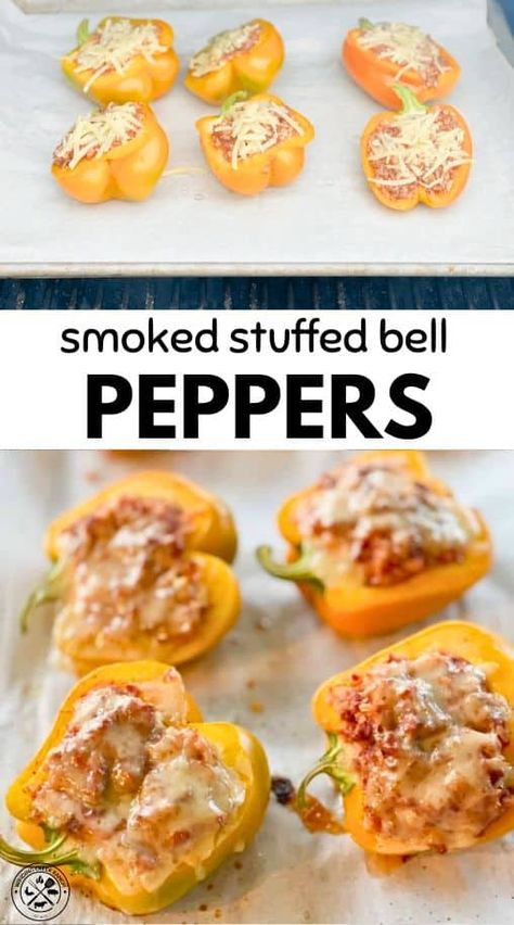 Smoked stuffed peppers is a delicious and easy dinner recipe that everyone will love. Stuffed peppers are always delicious, but the flavor is hugely intensified when you pop them on the smoker to finish cooking. These stuffed bell peppers are made with seasoned ground beef, hearty rice, healthy cabbage, and topped with a layer of melty cheese. If you have a pellet grill, you have to try smoking peppers; you will love it! #smokedpeppers #stuffedpeppers #stuffedpepper #pelletgrill Smoked Bell Peppers, Smoked Stuffed Bell Peppers, Grilled Stuffed Bell Peppers, Smoked Bell Peppers In Smoker, Smoked Stuffed Peppers, Orange Pepper Recipes, Smoked Peppers, Smoker Cooking Recipes, Stuffed Bell Peppers Ground Beef