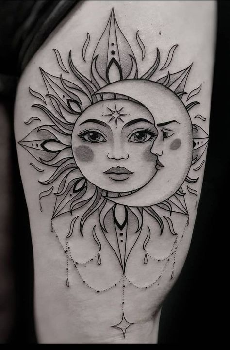 Sun And Moon Tattoos, Tattoo Sonne, Moon Sun Tattoo, Catrina Tattoo, Sun Tattoo Designs, Sun And Moon Tattoo, Moon Tattoos, Muster Tattoos, Moon Tattoo Designs