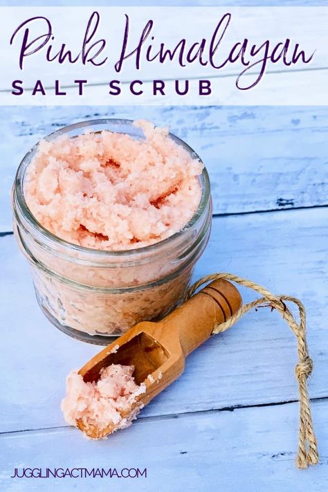 This pink Himalayan salt scrub is an easy-to-make indulgence for your skin. Your self-care routine will thank you! via @jugglingactmama Pink Himalayan Salt Scrub Diy, Pink Salt Body Scrub Diy, Pink Salt Scrub Diy, Himalayan Salt Scrub Diy, Epsom Salt Scrub Diy, Easter Cricut Projects, Sea Salt Scrub Recipe, Pink Salt Scrub, Pink Himalayan Salt Scrub