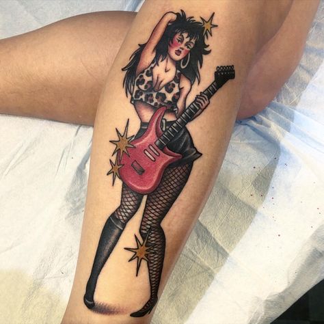 Spencer Harrington on Instagram: “80’s rocker babe to fill up Jio’s lower leg 🤘🏼 thanks dude. First tattoo of ‘23 @spidermurphystattoo” Joe Dirt Tattoo, Rock Star Tattoos, 80’s Rocker, Rock And Roll Tattoo, Rock Of Ages Tattoo, Rockstar Tattoo, Joe Dirt, Rock Tattoo, Rock Chick