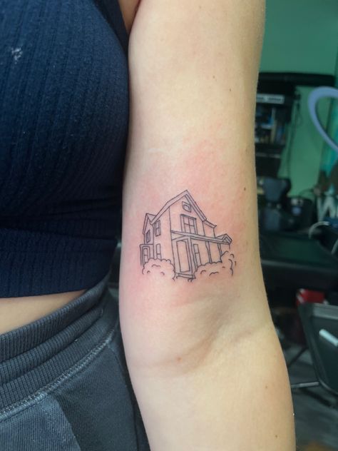 Fine line tattoo house tattoo Fine Line Building Tattoo, Tattoo Of House, Tattoo Ideas For Group Of 3, Outline Of House Tattoo, To Build A Home Tattoo, Childhood House Tattoo, Tattoos Of Houses, Tattoos Childhood, Simple House Tattoo