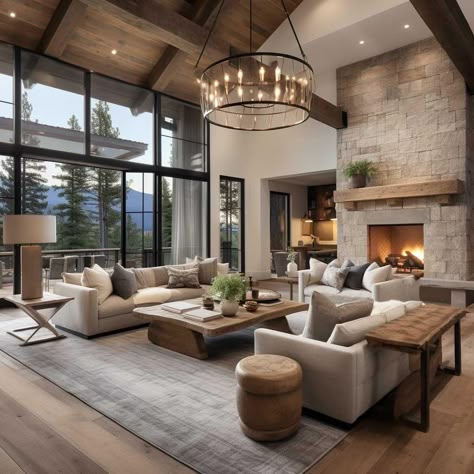 Warm Living Room Decor, Mountain Ideas, Warm Living Room, Living Room Decor Tips, Room Decor Tips, Modern Rustic Living Room, Sala Grande, Living Room Warm, Living Room Decor Fireplace