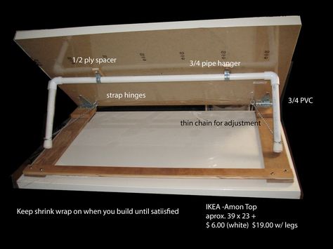 DIY drafting table! I'd maybe add some holes to the bottom for the legs of the pvc pipe so the table is more secure at the desired height rather than just resting it on a taut chain. Adjustable Drawing Table, Diy Puzzle Easel, New School Drawing, Diy Easel, Drafting Tables, Desk Caddy, Puzzle Table, Diy Table Top, School Drawing