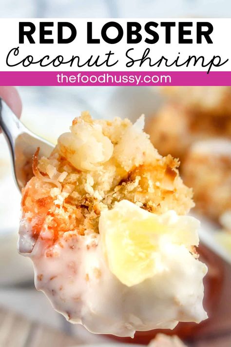 Red Lobster Coconut Shrimp is a favorite and this copycat recipe for the shrimp and that delicious Pina Colada sauce will have you putting on a lei and grabbing a cocktail for the beach! Crunchy shrimp dipped in a creamy pineapple coconut sauce!  via @foodhussy Red Lobster Pina Colada Sauce, Coconut Cream Shrimp Recipe, Coconut Shrimp Sauce Recipe, Red Lobster Coconut Shrimp Sauce, Shrimp In Coconut Sauce, Coconut Shrimp Recipe, Baked Coconut Shrimp Recipe, Easy Coconut Shrimp Recipe, Red Lobster Coconut Shrimp Recipe