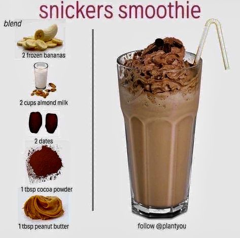 Snickers Smoothie, Baileys Drinks, Vegan Shakes, Resep Smoothie, Smoothie Recipes Healthy Breakfast, Resep Diet, Healthy Drinks Smoothies, Healthy Shakes, Makanan Diet