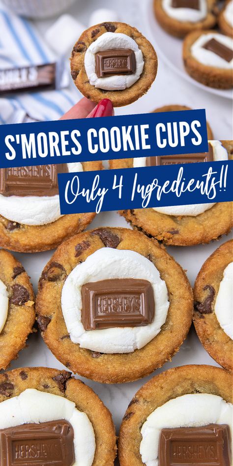 S'mores lovers! You NEED to try these 4-ingredient s'mores cookie cups! They are so easy to make and absolutely one of my favorite sweet treats. Gooey Smores Cookie Muffins, Veterans Day Meal Ideas, Smores Cookies With Graham Crackers, S'mores Cups, Summer Camping Desserts, Soccer Party Desserts, S’more Cookie Cups, Easy Camp Desserts, Easy S’mores Dessert