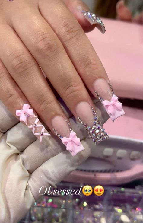 Pink Nails With Jewels Rhinestones, Medium Birthday Acrylic Nails, Pink Girly Nails Acrylic, Birthday Nail Set Ideas Pisces, French Tip Birthday Nails, Cute Birthday Nail Ideas, Cute Nails With Charms, Birthday Freestyle Nails, Sweet 16 Nail Ideas