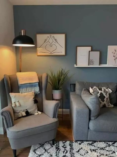 Denim Blue And Grey Living Room, Denim Blue Wall Paint, Denim Blue Living Room Ideas, Denim Drift Kitchen, Small Living Room Wall Color Ideas, Dulux Denim Drift Living Room, Grey Blue Walls Living Room, Blue And Grey Living Room Color Scheme, Grey Blue Couch Living Room