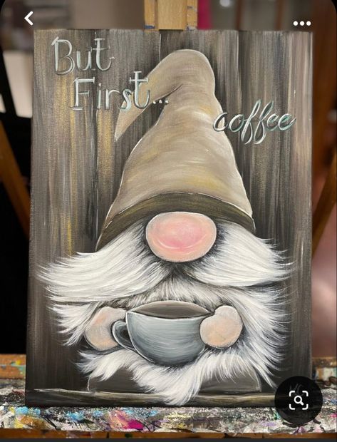 Gnome Paintings, Gnome Painting, Coffee Gnome, Gnome Paint, Gnome Pictures, The Rake, Diy Gnomes, Canvas Painting Diy, Gnomes Crafts