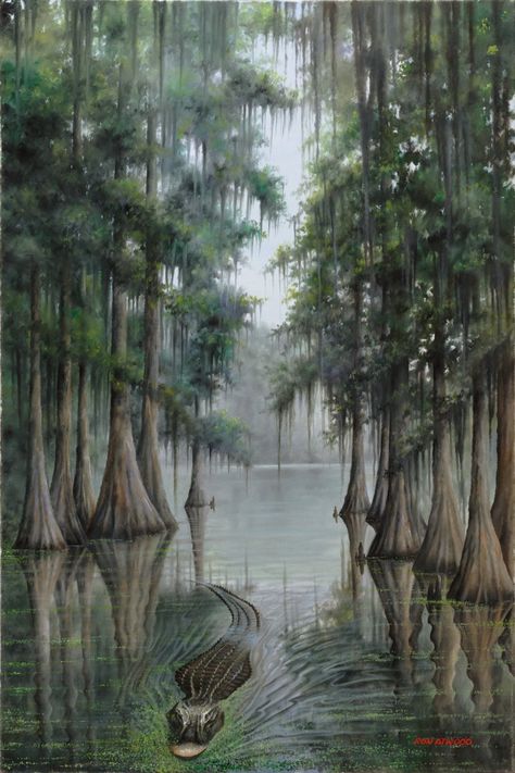 Wildlife Paintings — Ron Atwood Art Everglades Tattoo, Louisiana Art Paintings, Princess And The Frog Prom, Bayou Painting, Louisiana Aesthetic, Louisiana Art Prints, Wilderness Quilt, Billy Jacobs Prints, Swamp Painting