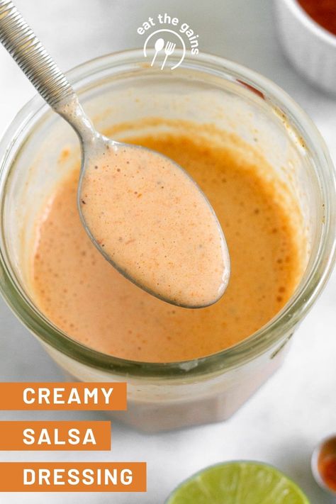 This creamy salsa dressing combines salsa, greek yogurt, lime juice, and spices for a tangy and spicy dressing that is ready in 10 minutes and is so delicious! Use it on salads, tacos, bowls, as a dip for protein, and more. Greek Yogurt Salsa Dressing, Greek Yogurt Sauce For Tacos, Salsa Salad Dressing, Greek Yogurt Based Sauce, Creamy Salsa Recipe, Mexican Dressing, Salsa Chunky, Protein Sauce, Creamy Salsa Dressing