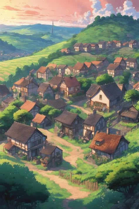 Tranquil Village Scene Check more: https://paintlyx.com/tranquil-village-scene/ Seaside Village Concept Art, Magical Village Aesthetic, Village Drawing Landscapes, Fantasy Village Concept Art, Village In Forest, Village Rpg, Village Concept Art, Anime Village, Minecraft Concept Art