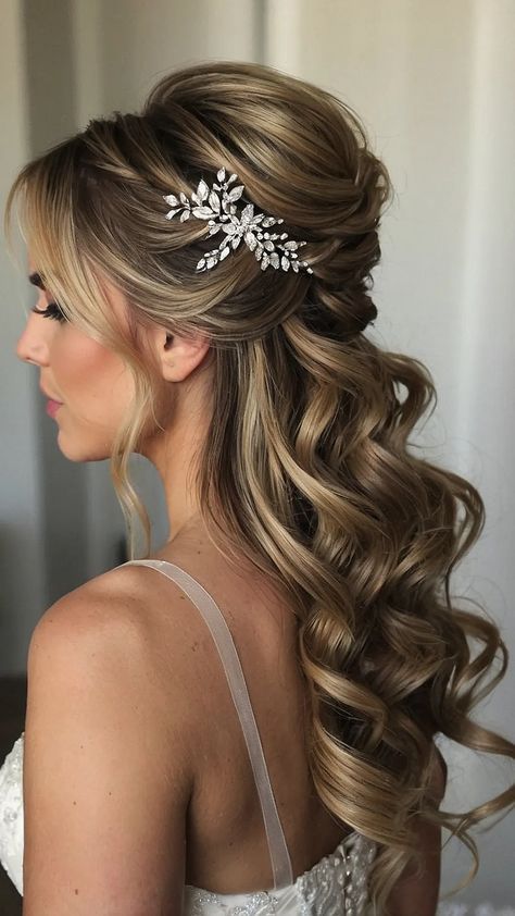 Simple Sophistication: 15 Half Up Half Down Wedding Hairstyles for Every Style - Inspire Inlet Half Updo Wedding Hairstyles, Wedding Hair Half Up Half Down Braid, Bridal Hair Half Up Medium Length, Bridal Half Up Half Down Hair, Hair Bridesmaids, Glamorous Wedding Hair, Bridal Hair Half Up, Intricate Braids, Long Bridal Hair