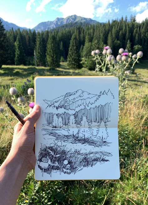 Linescapes Online Drawing Courses Art Sketching Aesthetic, Nature Line Art Drawing, Sketch Book Landscape, Landscape Nature Drawing, How To Sketch A Landscape, Marker Landscape Drawing, Sketching Outside, Landscape Architecture Aesthetic, Train Drawing Sketches