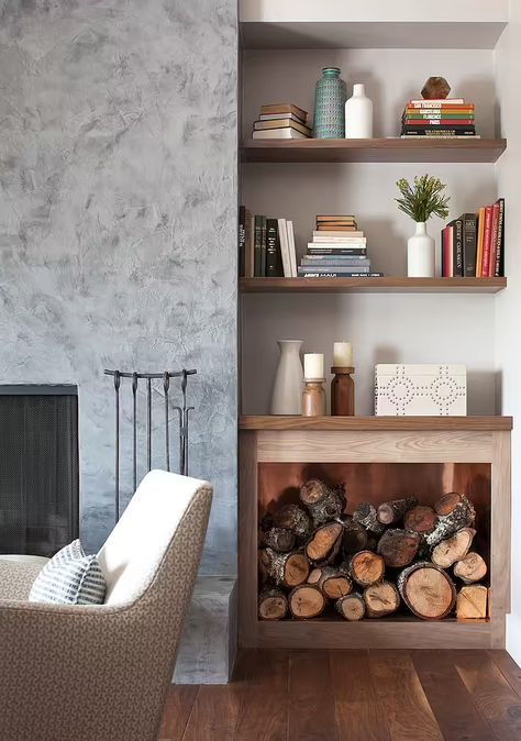 Ranch House Remodel by Niche Interiors Ranch House Remodel Interior, Wood Storage Ideas, Fireplace Storage, Firewood Storage Indoor, Living Room Design Diy, Alcove Ideas, Ranch House Remodel, Log Storage, Log Store