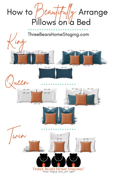 How to arrange pillows on a bed depends on the size of the bed, the style of the room, and the type of pillows you’re using. A well-staged bedroom conveys an atmosphere of calm, rest, and relaxation. Let’s take a look at a few different ways to style throw pillows for beds that will wow potential buyers and show them what a relaxing space you have to offer. Bedroom Pillows Arrangement, Bed Pillow Arrangement, Beautiful Bed Designs, Home Pillows, Home Staging Tips, Beautiful Bed, Bed Design Modern, Bantal Sofa, Pillow Arrangement